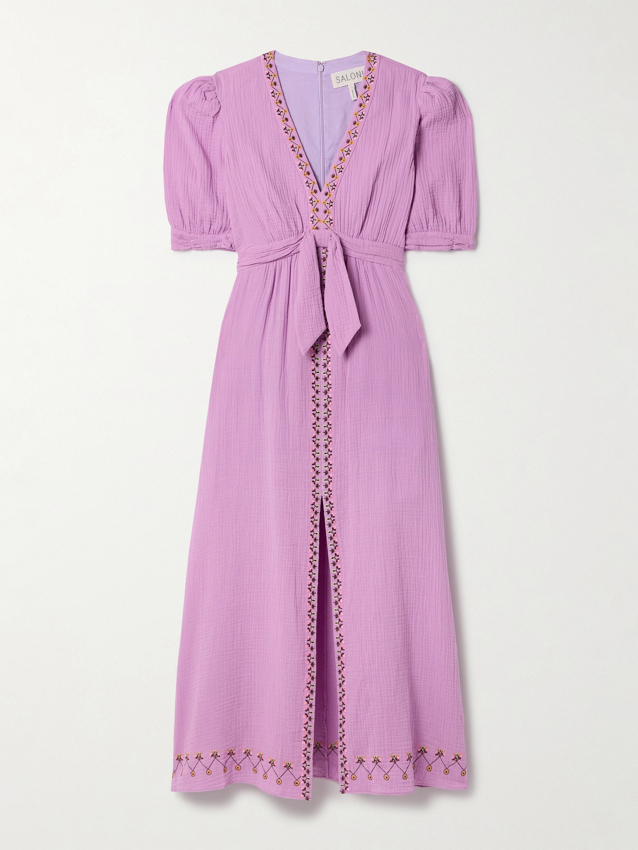 Saloni Jamie Tie-detailed Embroidered Cotton-seersucker Midi Dress In Purple