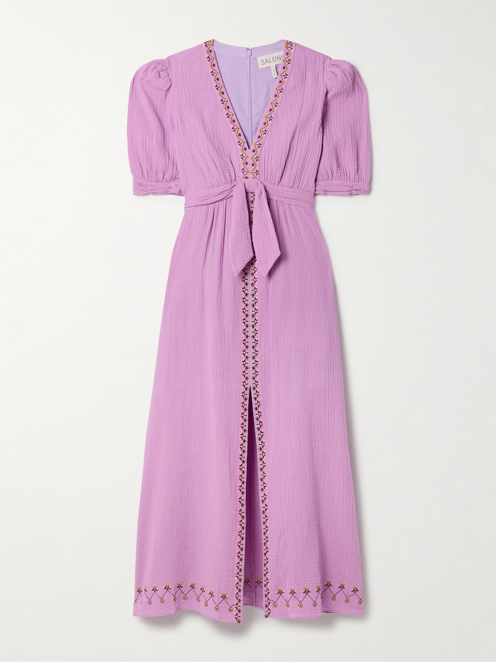 Saloni Jamie tie-detailed embroidered cotton-seersucker midi dress thumbnail