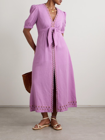 Saloni Jamie tie-detailed embroidered cotton-seersucker midi dress