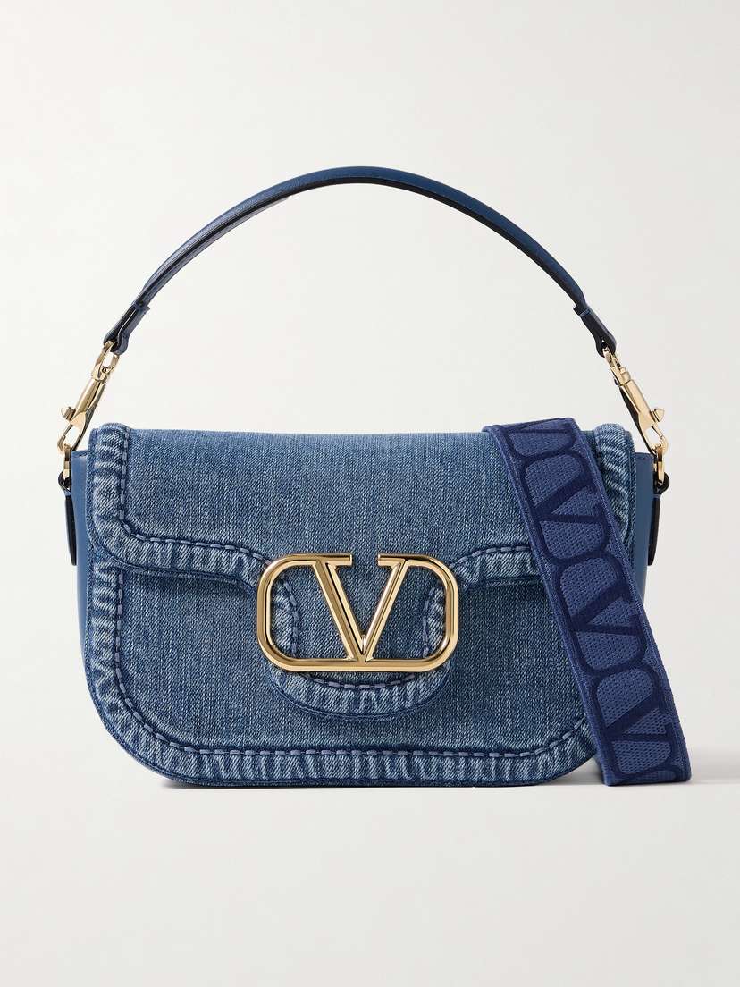 Valentino Garavani Vlogo Embellished Denim And Leather Shoulder Bag