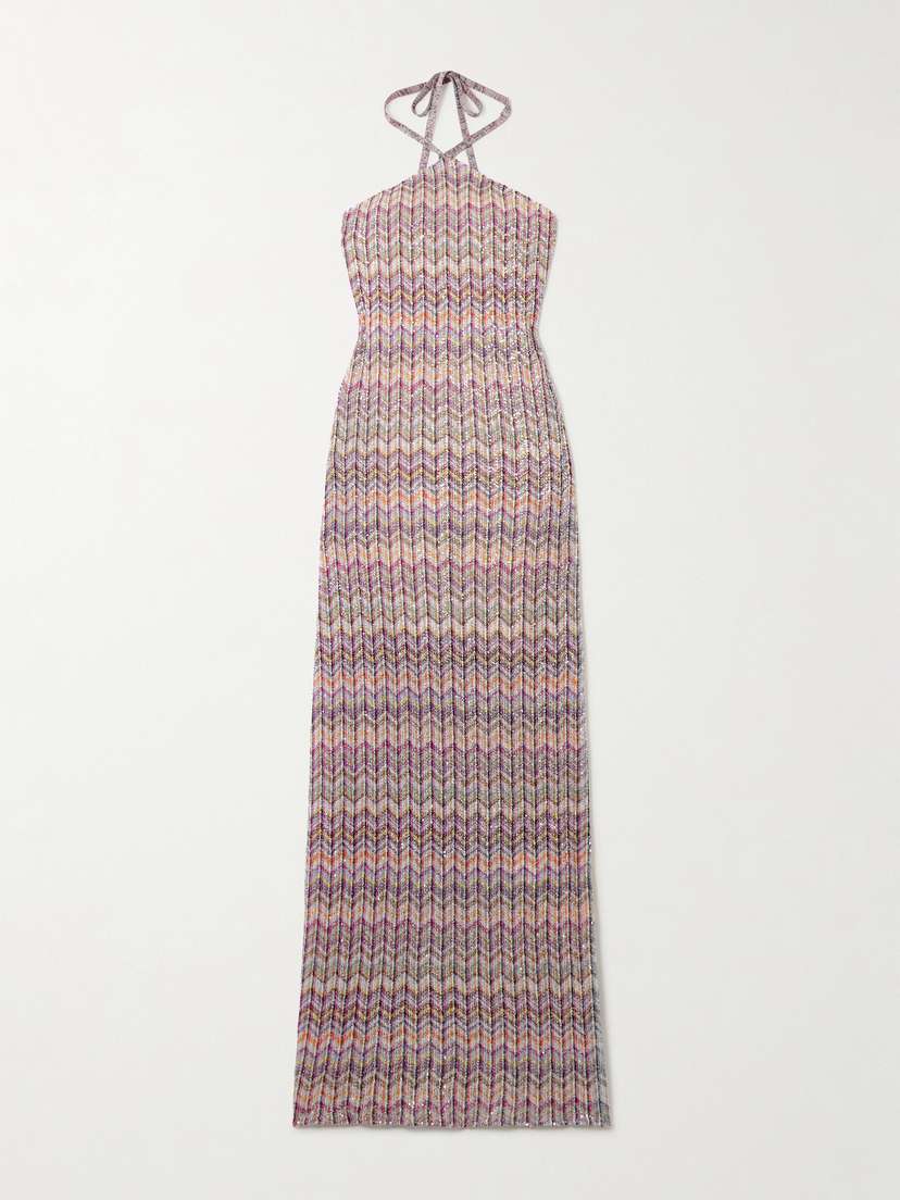 Missoni Mare Striped Sequined Crochet-knit Halterneck Maxi Dress