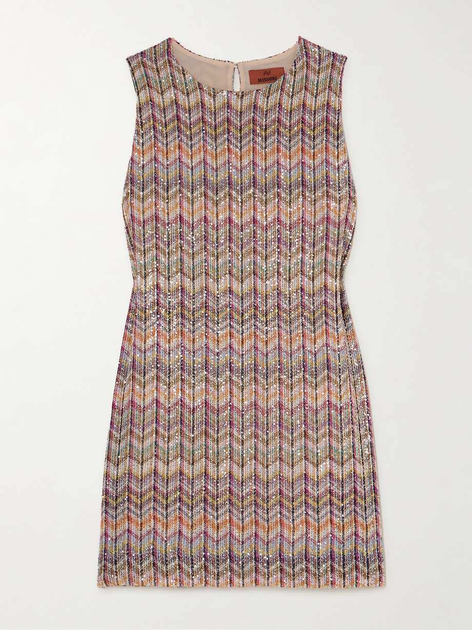sequin-embellished striped crochet-knit mini dress