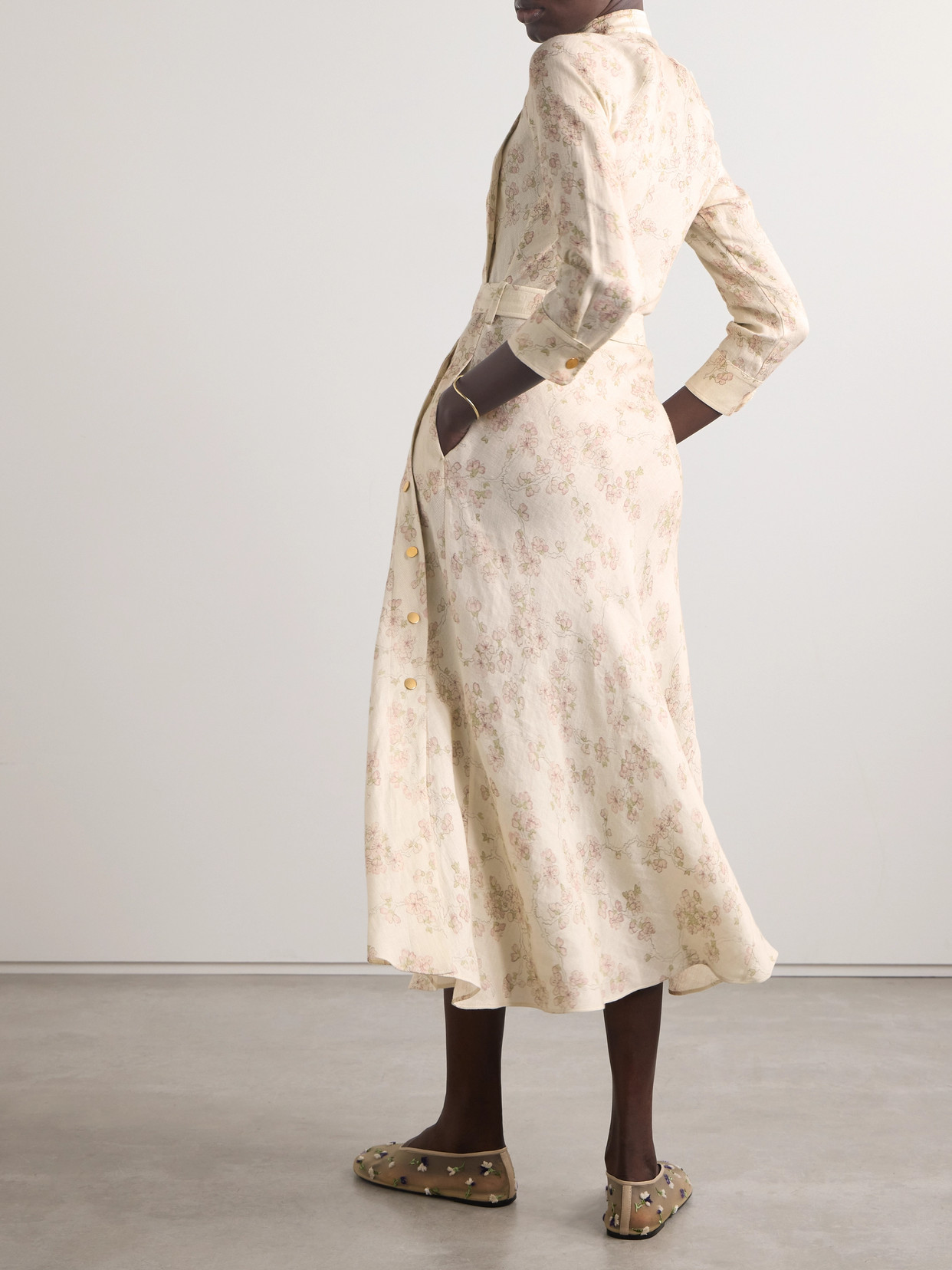 Loro Piana Belted Floral-print Linen And Cotton-blend Midi Dress In Pink