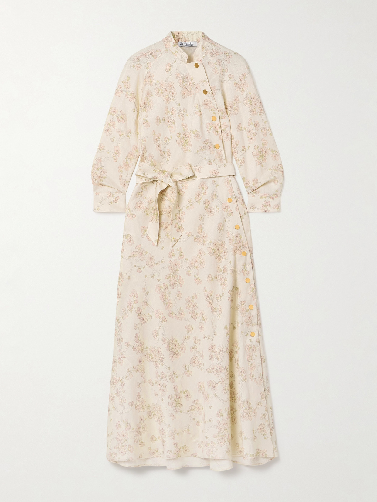 Loro Piana - Belted Floral-print Linen And Cotton-blend Midi Dress - Cream