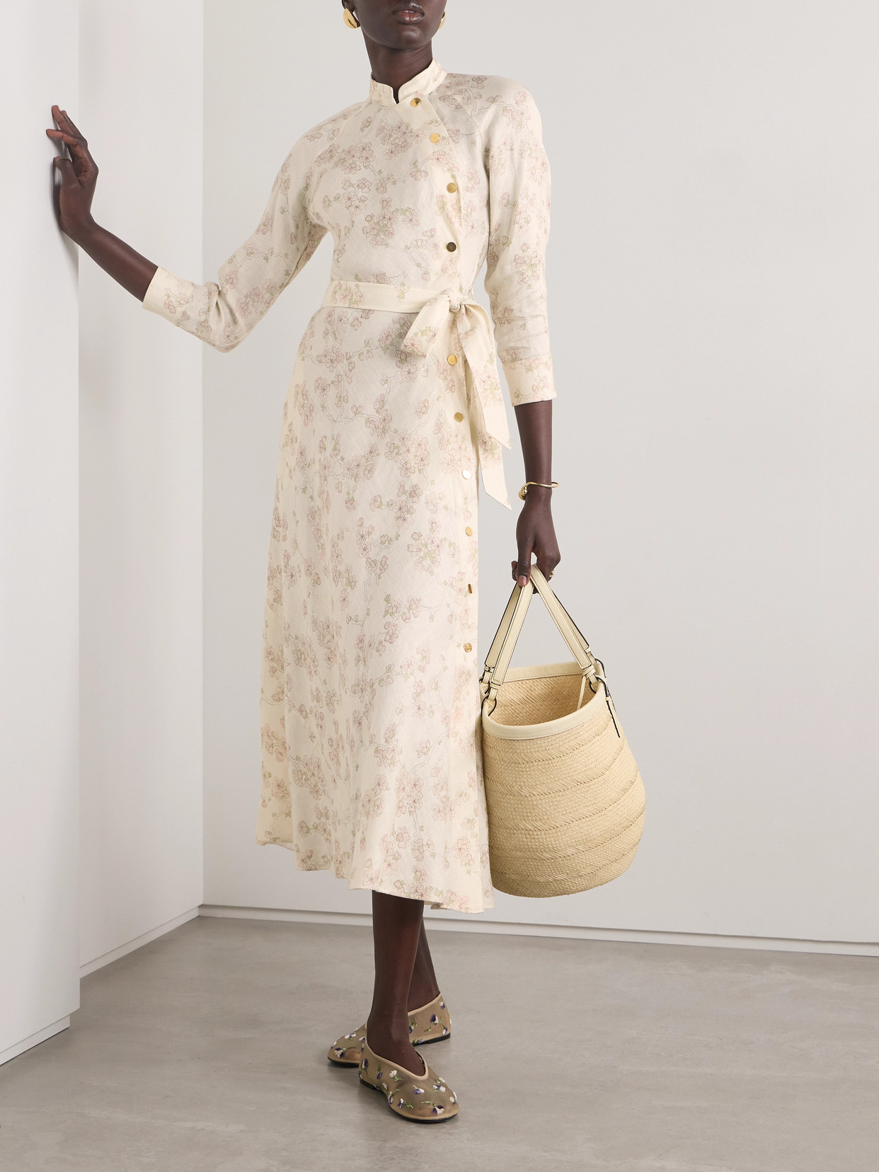 Loro Piana Belted Floral-print Linen And Cotton-blend Midi Dress In Pink