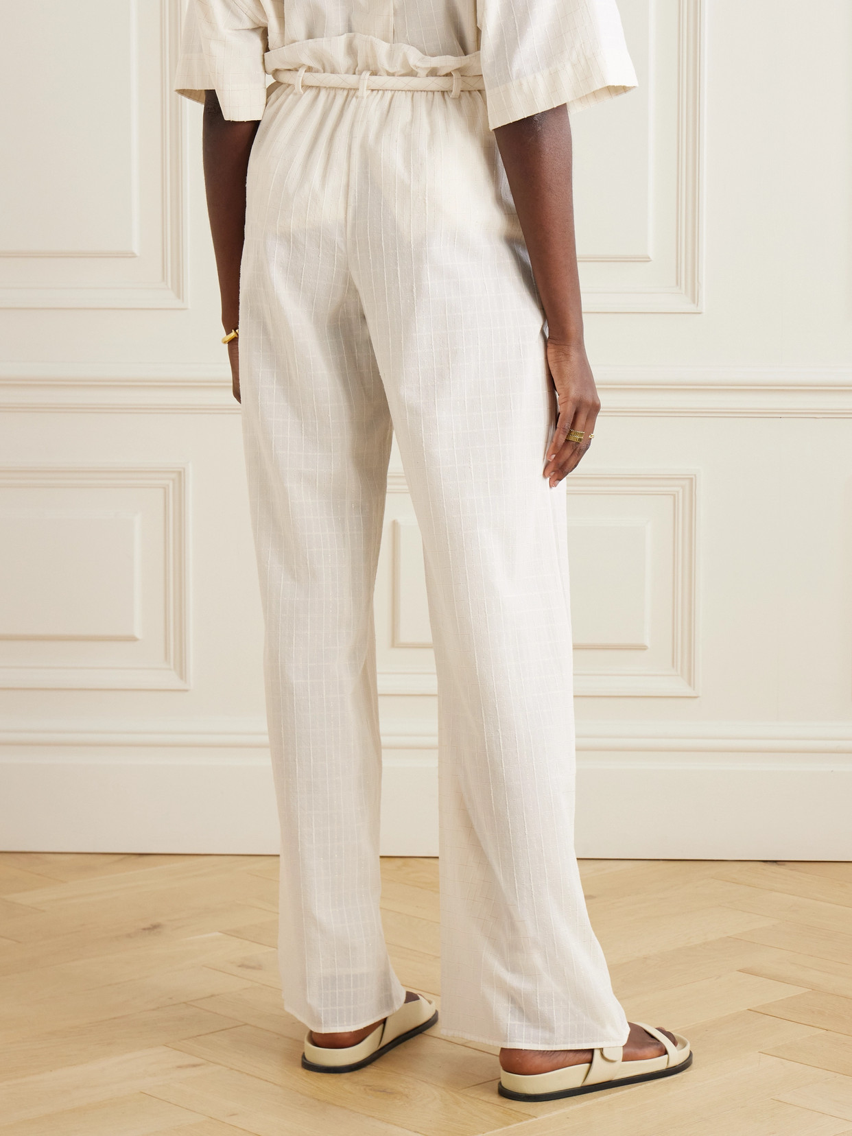 Shop Loro Piana Tristin Belted Checked Cotton-blend Wide-leg Pants In White