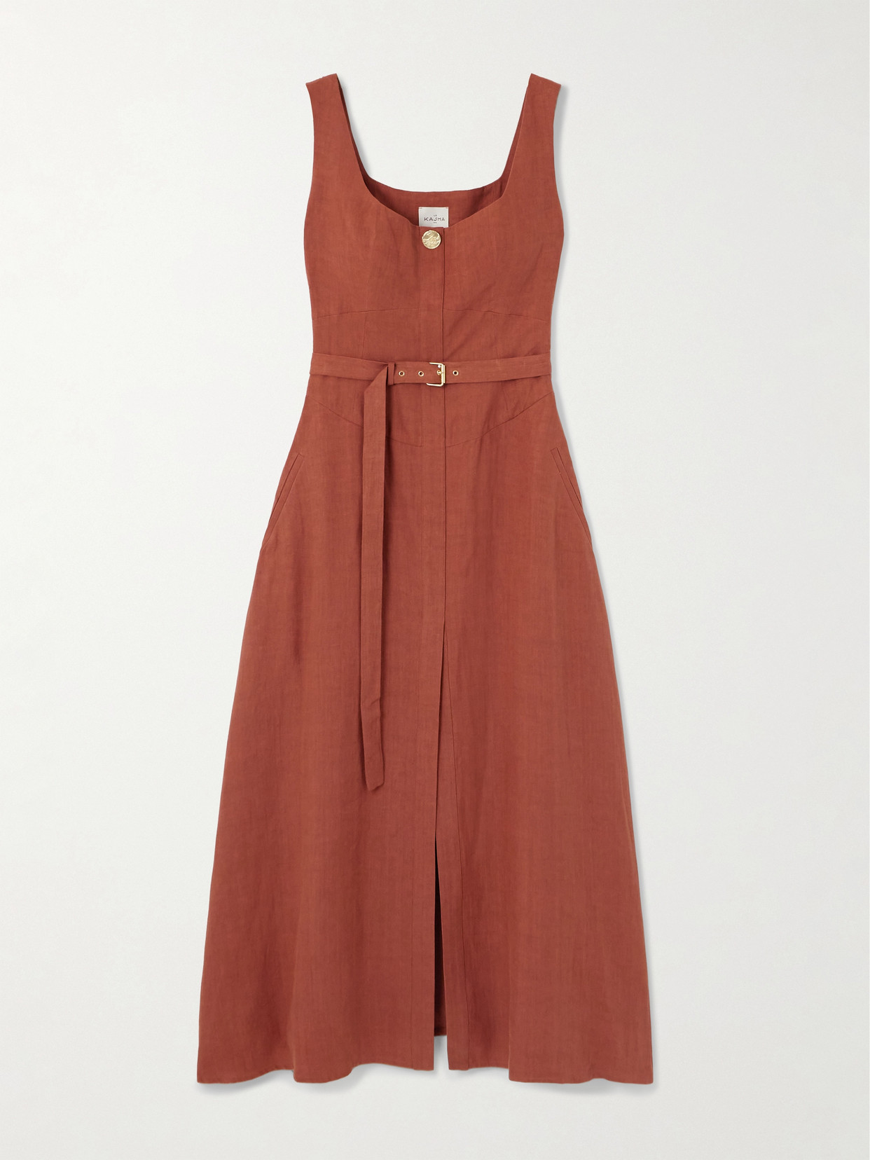 Le Kasha Subu Belted Linen Midi Dress In Brown