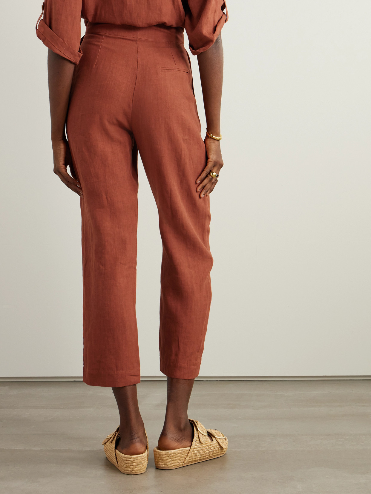 Shop Le Kasha Jaouf Cropped Pleated Organic Linen Straight-leg Pants In Brown