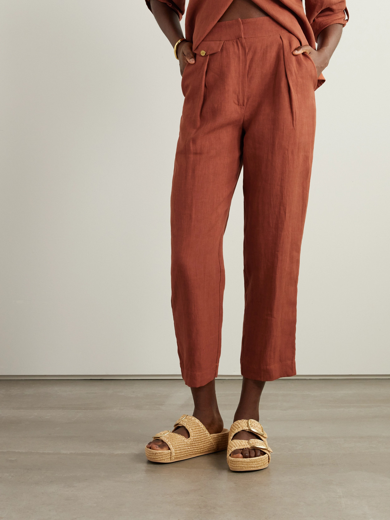 Shop Le Kasha Jaouf Cropped Pleated Organic Linen Straight-leg Pants In Brown