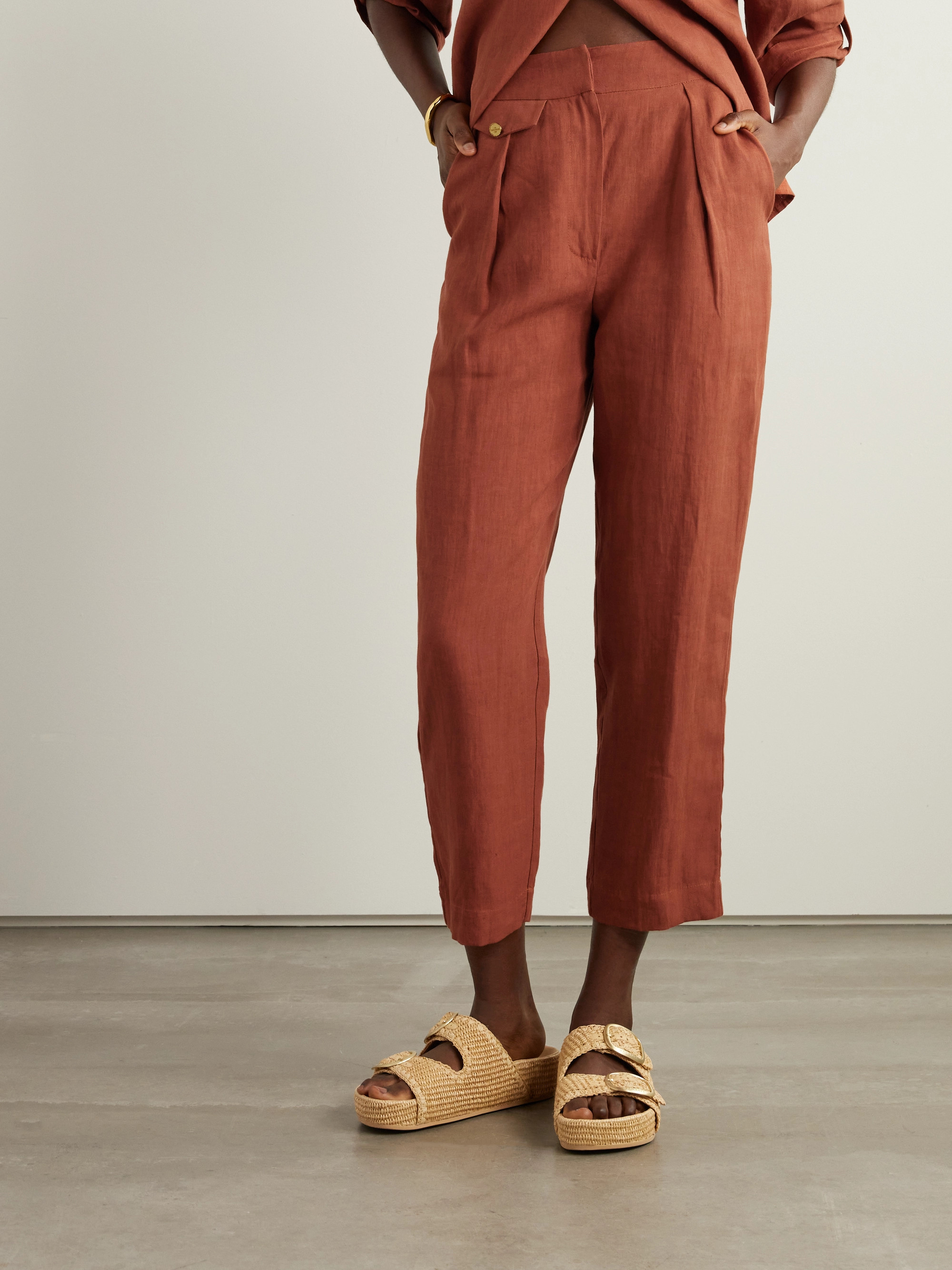 Le Kasha Jaouf cropped pleated organic linen straight-leg pants