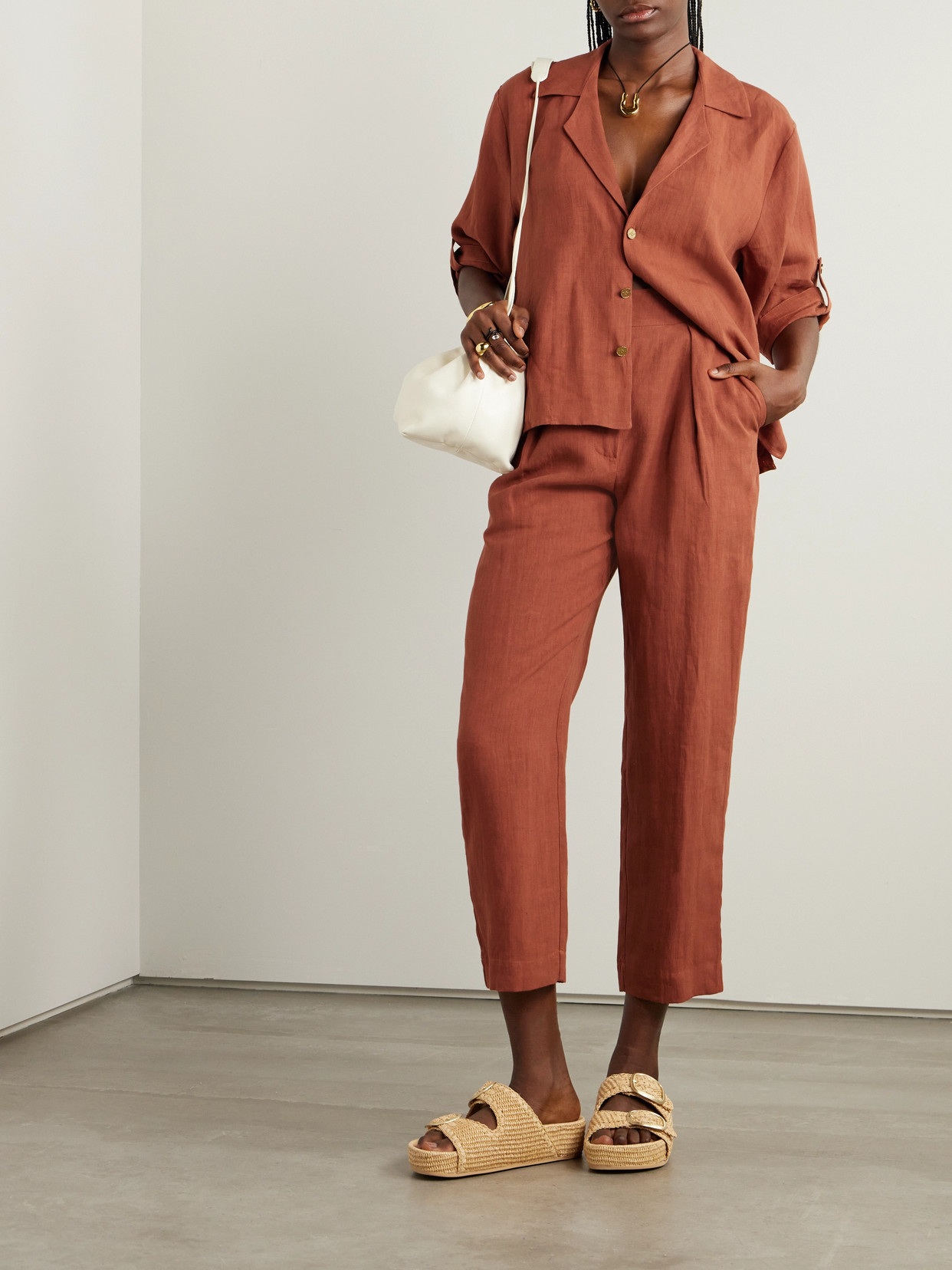 Le Kasha Jaouf Cropped Pleated Organic Linen Straight-leg Pants In Brown