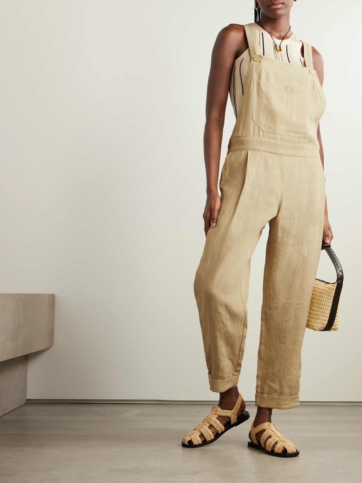Le Kasha Sharani Linen Overalls In Neutrals