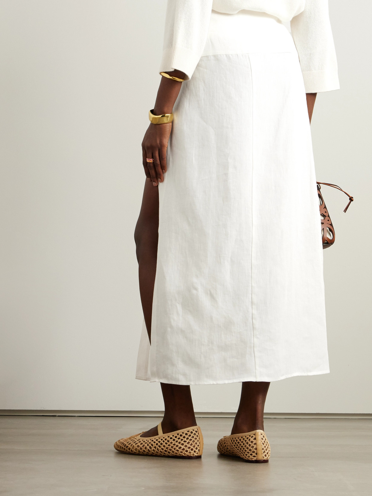 Shop Le Kasha Haifal Linen Midi Skirt In White