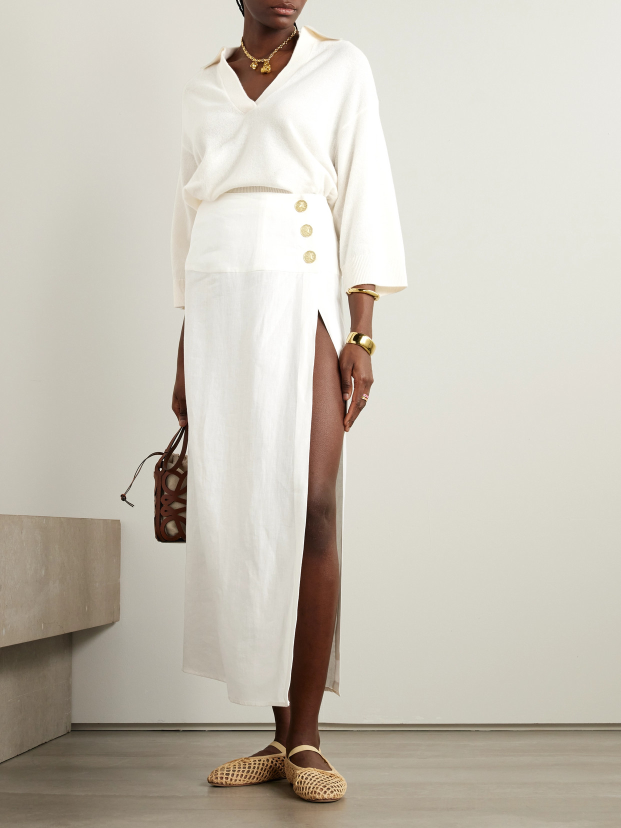 Le Kasha Haifal Linen Midi Skirt In White