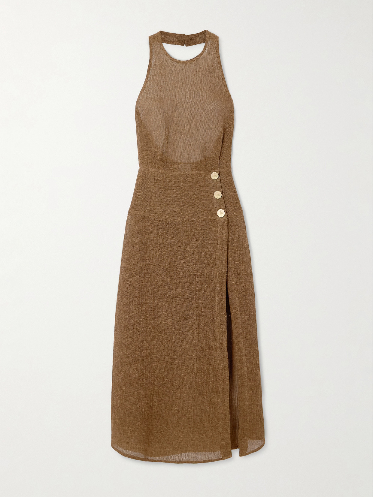 Le Kasha Dairut Linen-gauze Halterneck Maxi Dress In Brown