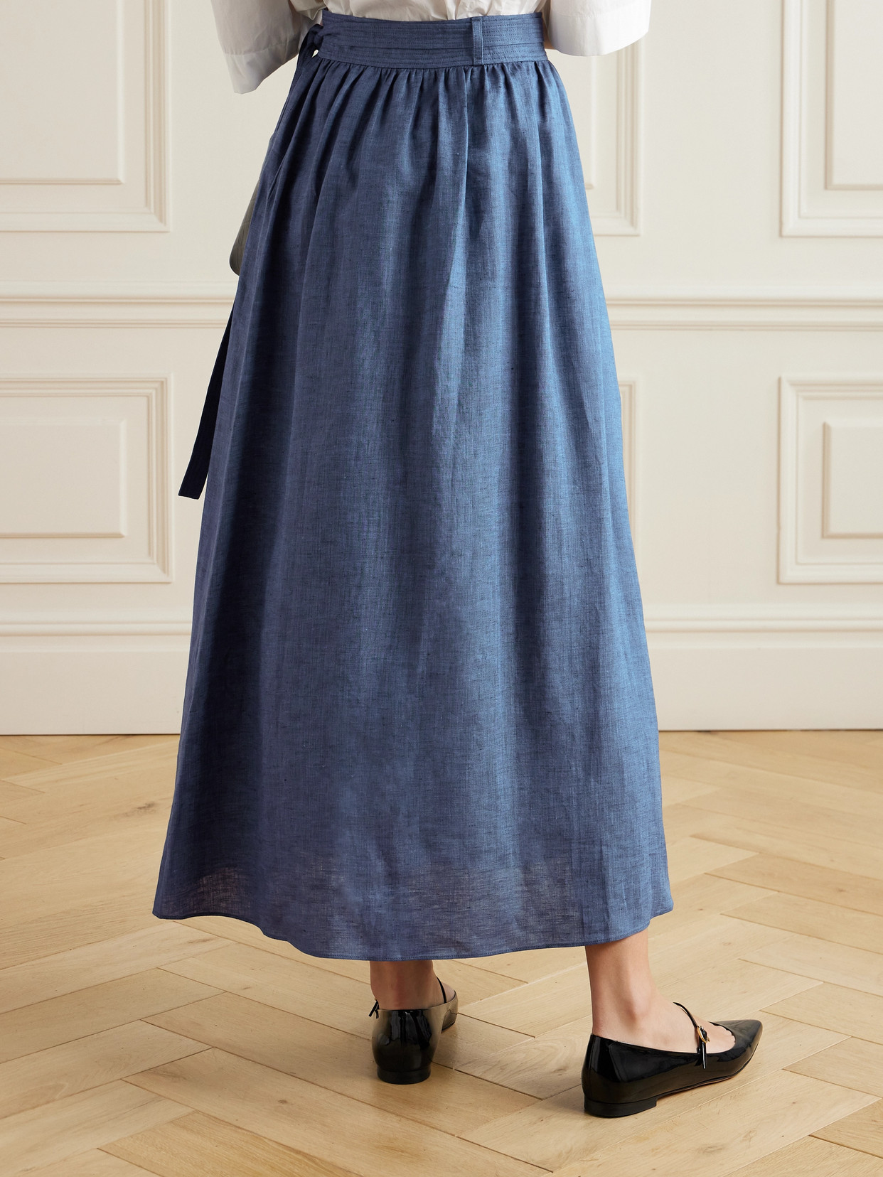 Shop Loro Piana Belted Linen Maxi Wrap Skirt In Blue