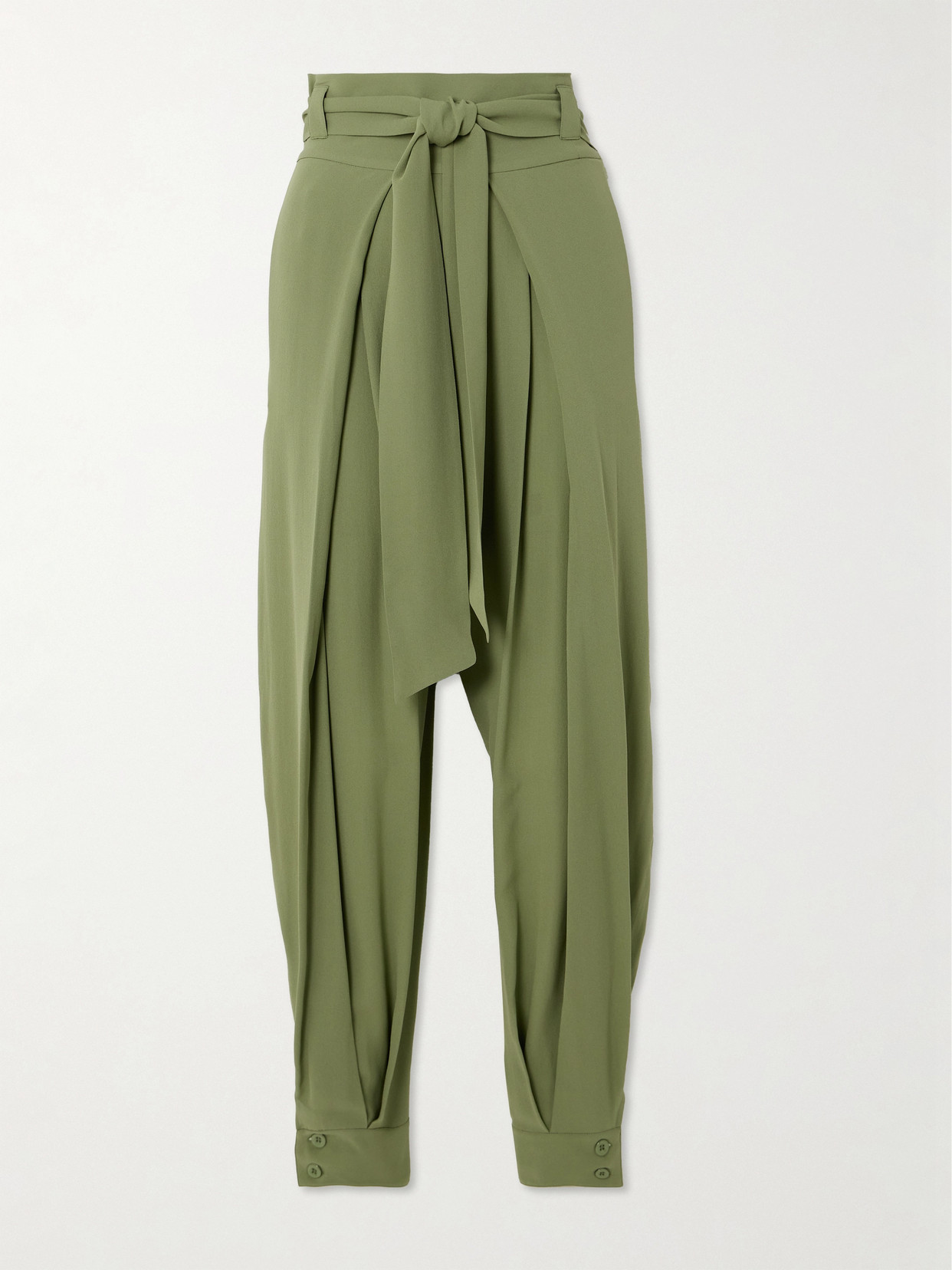 Loro Piana Gralan Belted Pleated Silk-crepe Tapered Pants In Green