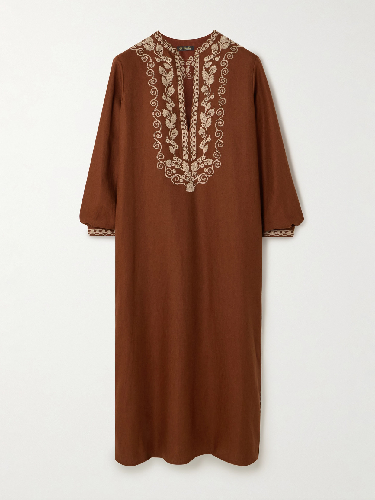 Loro Piana Embroidered Linen Kaftan In Brown