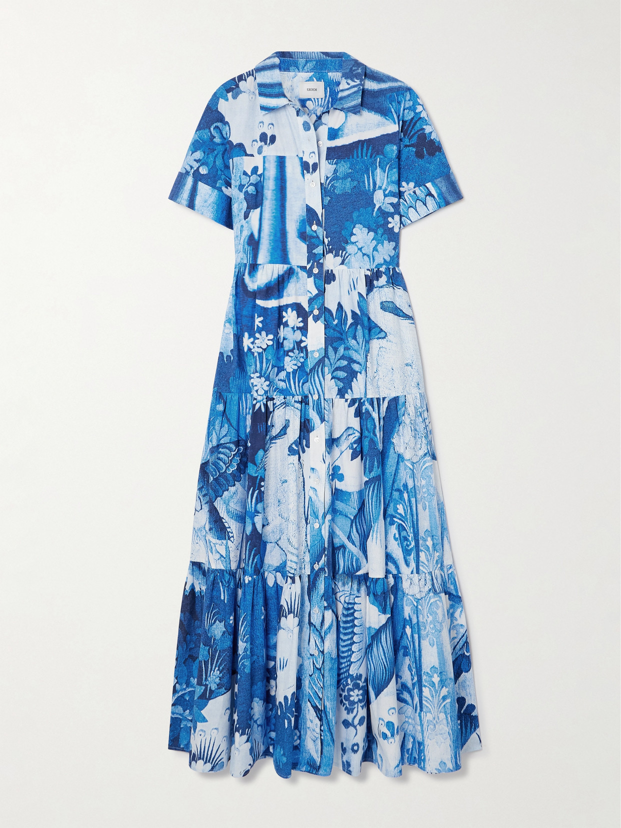 Shop Erdem Gathered Tiered Floral-print Cotton-poplin Midi Shirt Dress In Blue