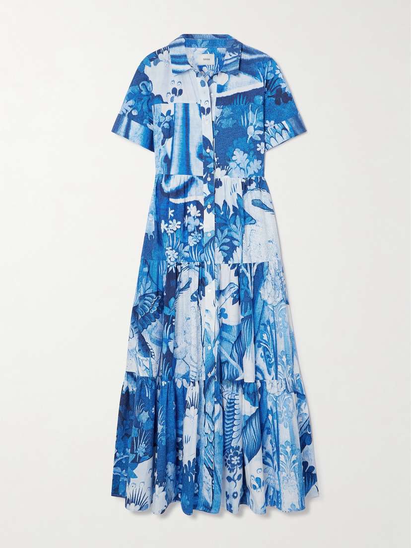 Erdem Gathered Tiered Floral-print Cotton-poplin Midi Shirt Dress - UK 20