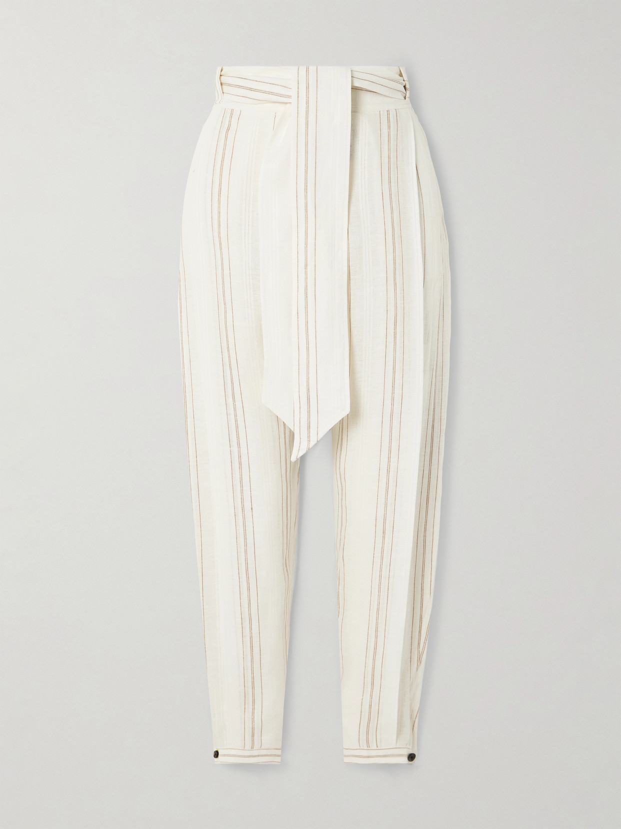 Loro Piana Gustel Belted Striped Linen Tapered Pants In White