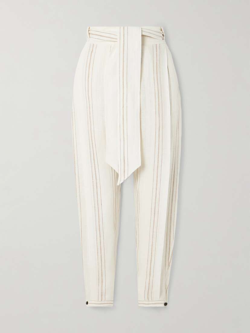 Loro Piana Gustel Belted Striped Linen Tapered Pants