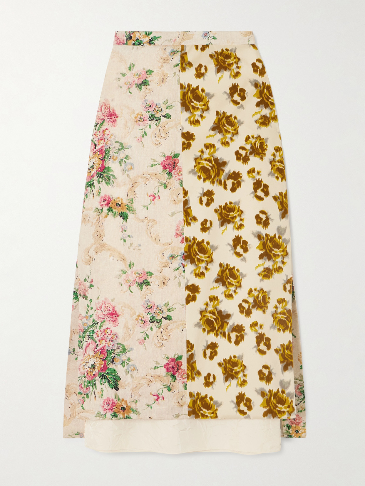 Shop Erdem Paneled Printed Linen And Cotton-velvet Midi Skirt In Multi