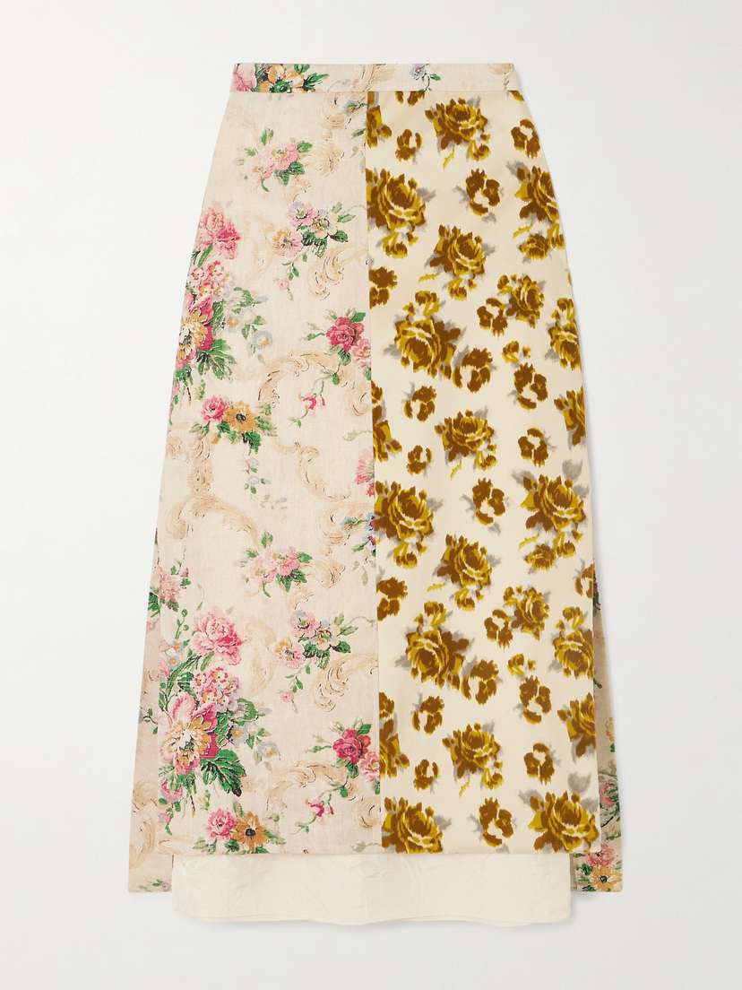 Erdem Paneled Printed Linen And Cotton-velvet Midi Skirt