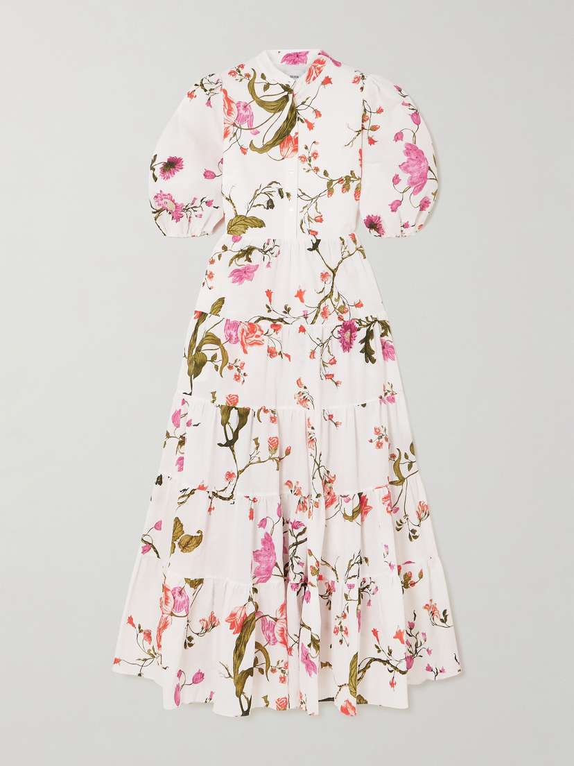 Erdem Belted Tiered Floral-print Cotton-seersucker Midi Dress - UK 20