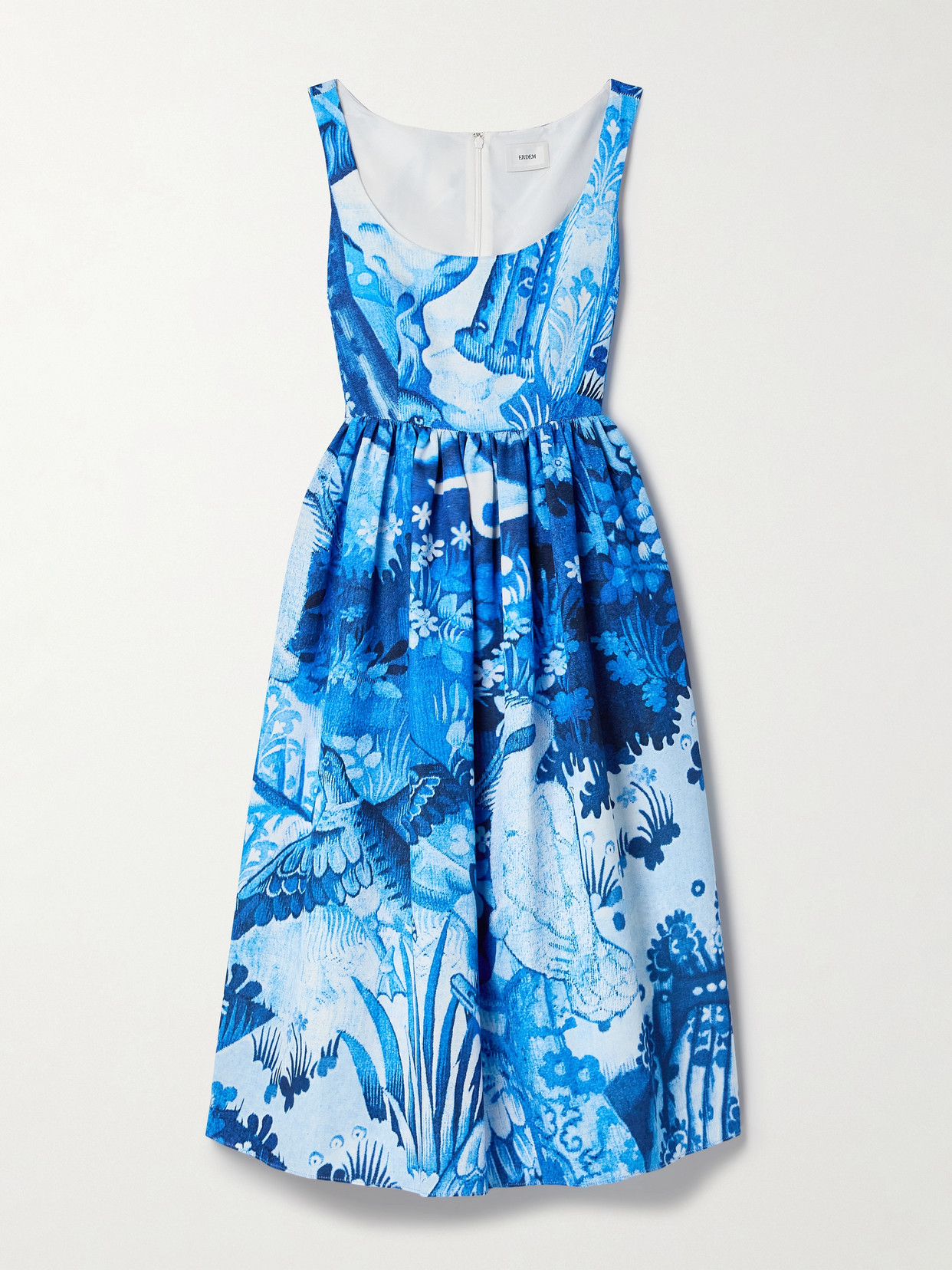 Erdem Gathered Floral-print Cotton-blend Faille Midi Dress In Blue