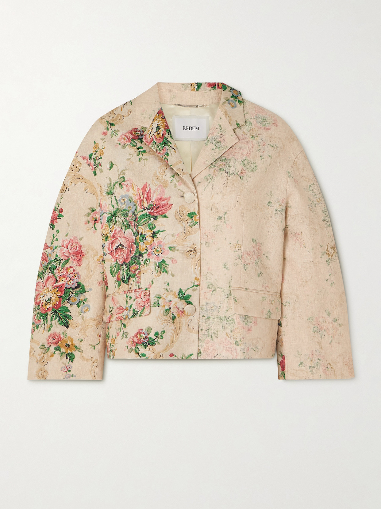 Erdem Cropped Floral-print Linen Blazer In Multi