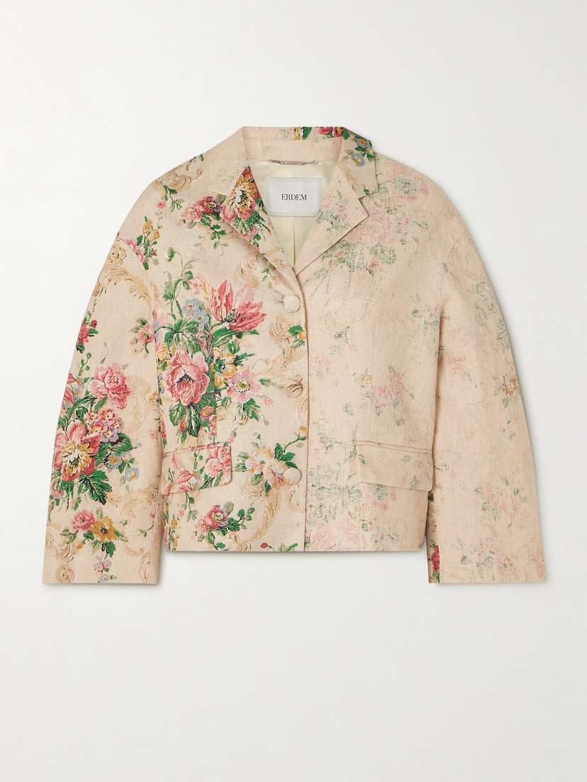 Erdem Cropped Floral-print Linen Blazer