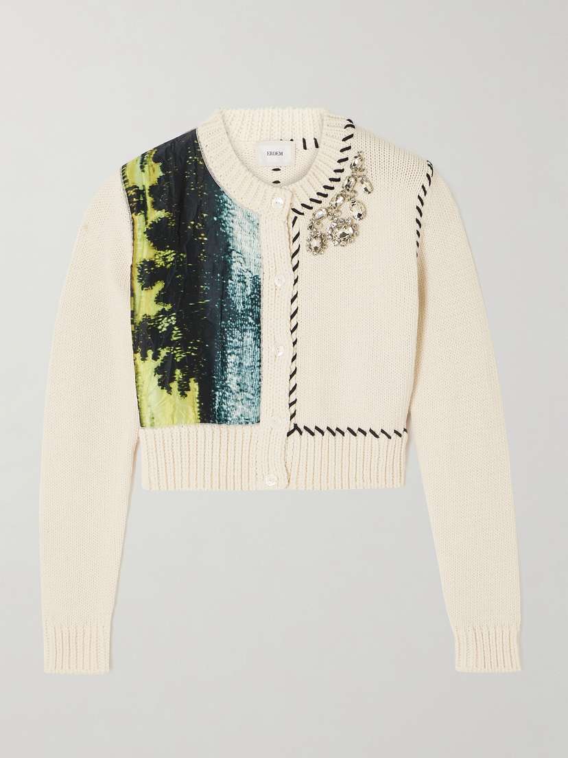 Erdem Cropped Crystal-embellished Printed Cotton-blend And Satin Cardigan