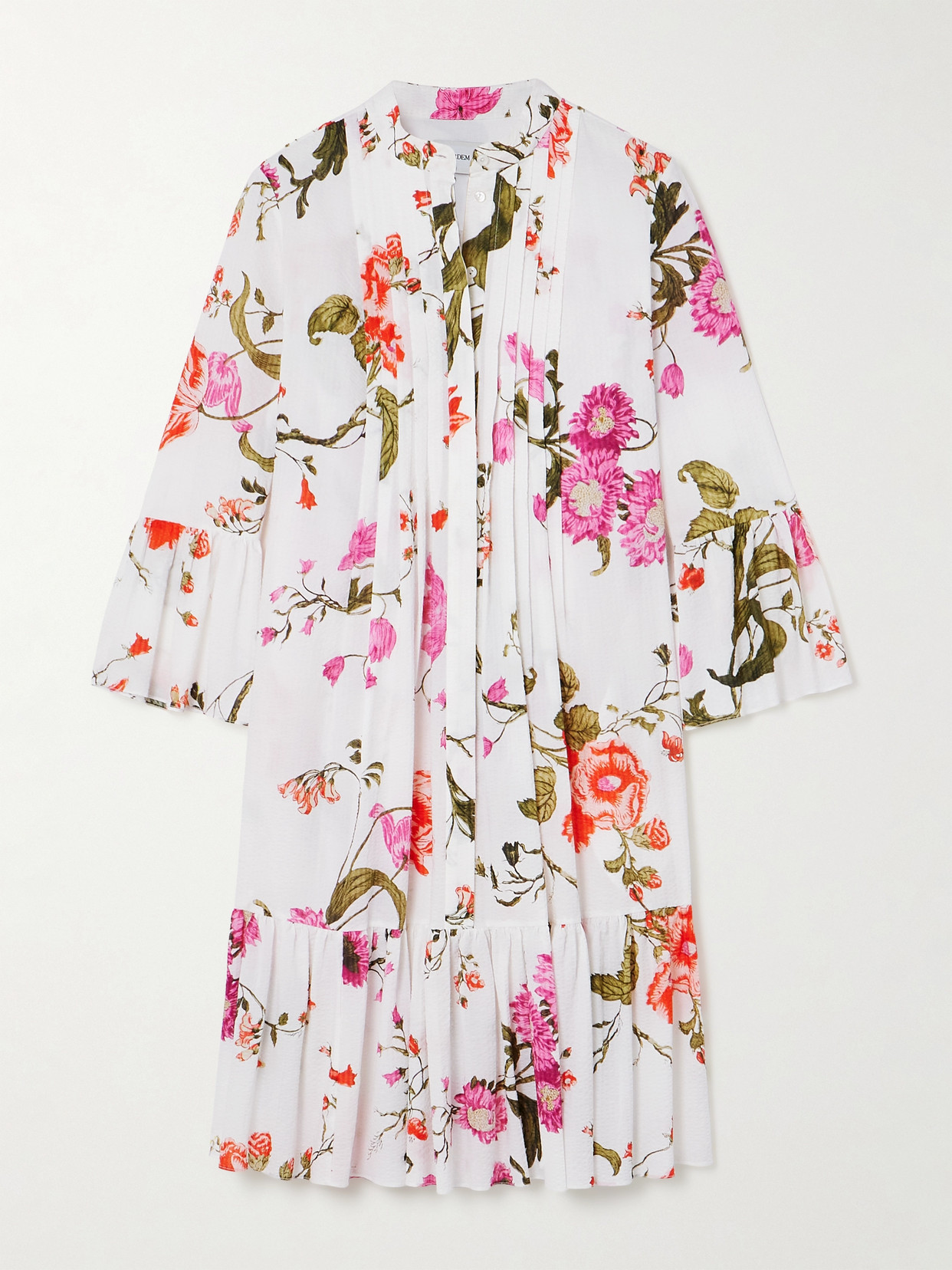 Shop Erdem Tiered Pintucked Floral-print Cotton-seersucker Midi Dress In White