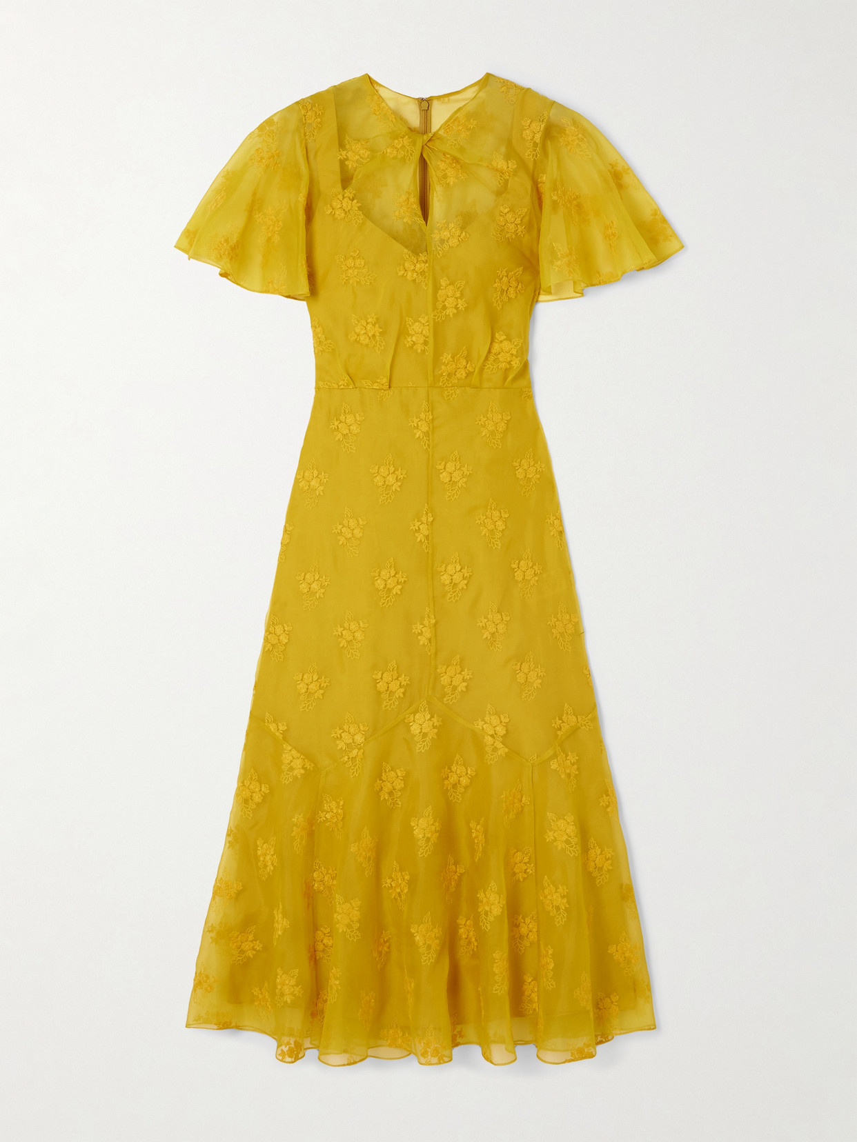 Erdem Twist-front Paneled Embroidered Silk-organza Midi Dress In Yellow