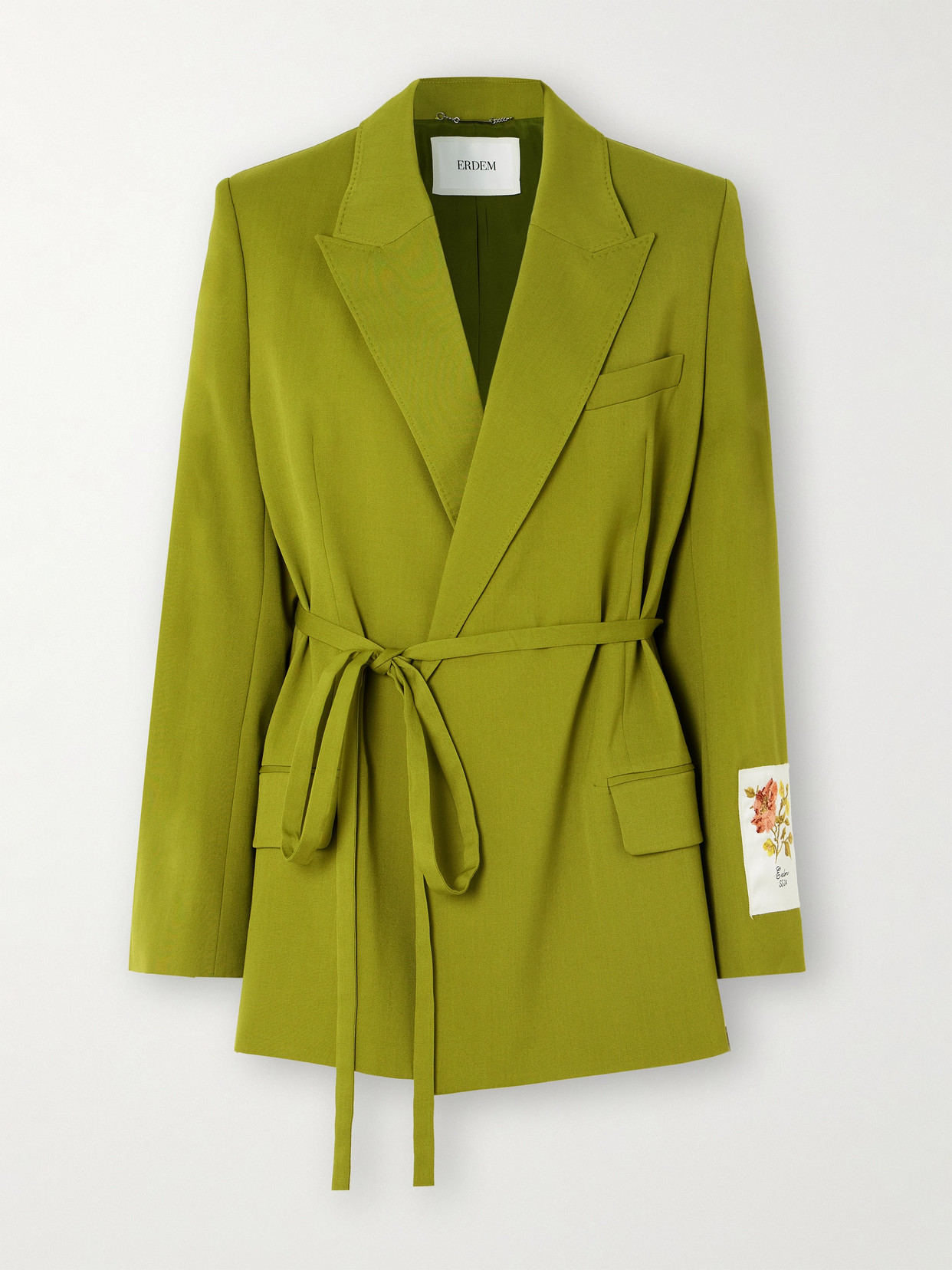 Erdem Belted Appliquéd Twill Wrap Blazer In Green