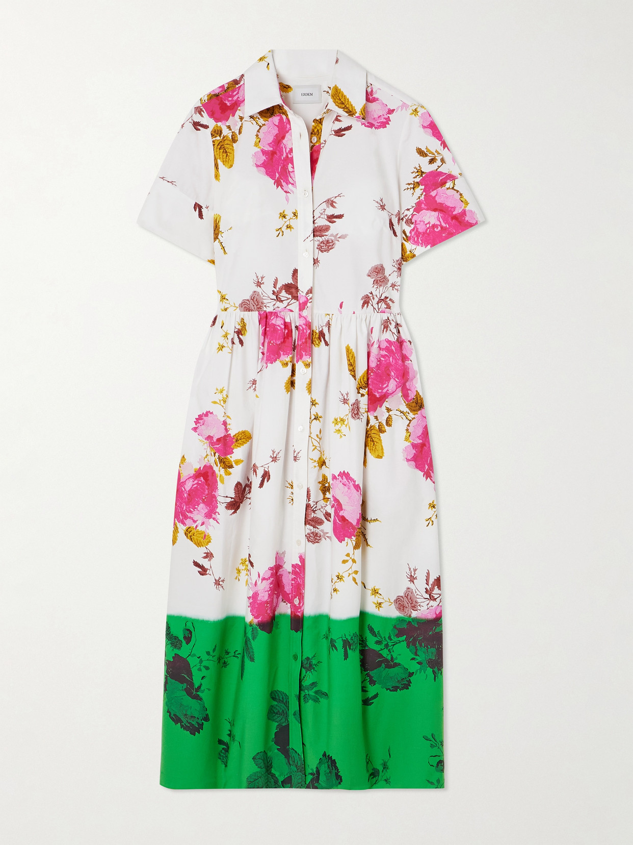 ERDEM GATHERED FLORAL-PRINT COTTON-POPLIN MIDI SHIRT DRESS