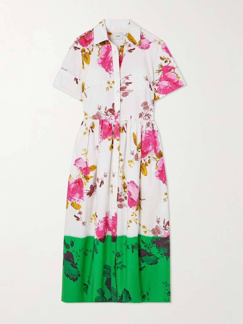 Erdem Gathered Floral-print Cotton-poplin Midi Shirt Dress - UK 18