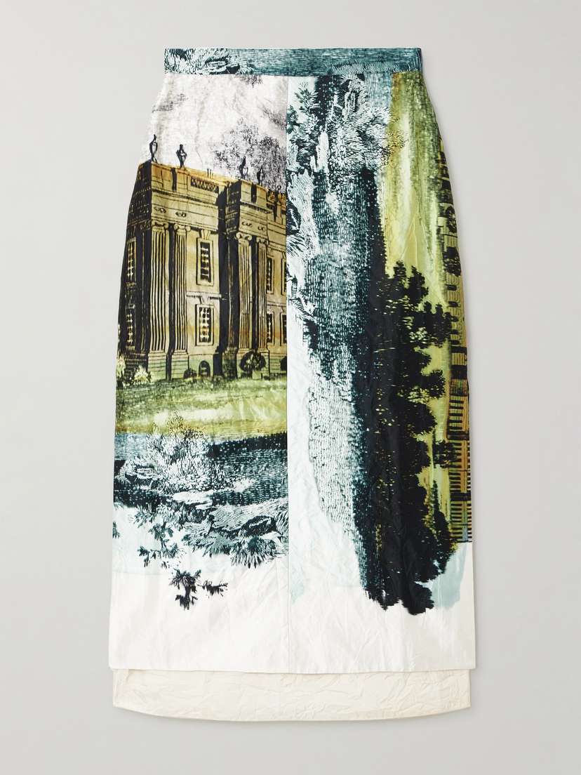 Erdem Paneled Pleated Printed Satin Midi Skirt