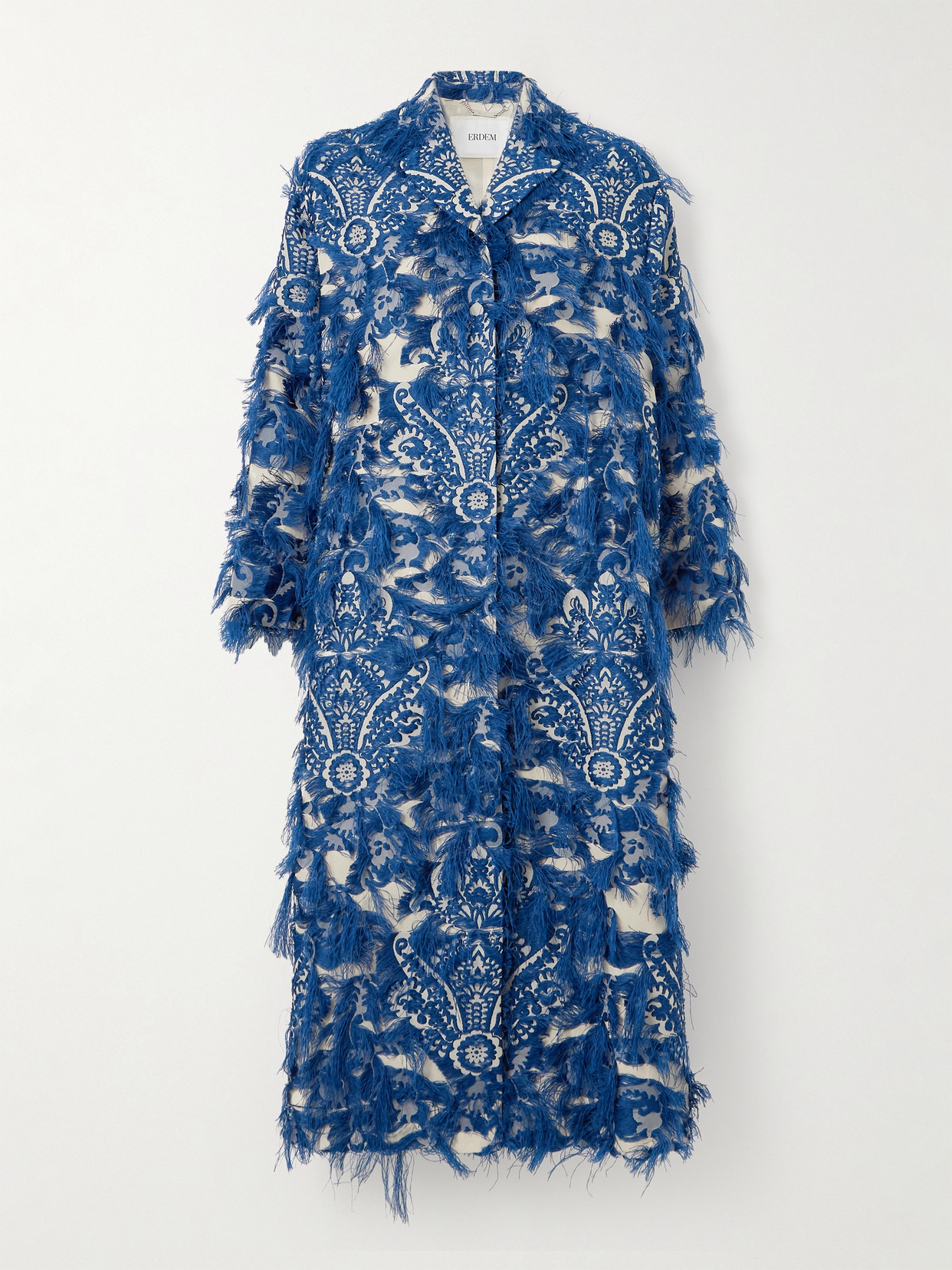 Erdem Oversized Fringed Jacquard Coat In Blue