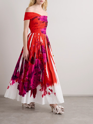 Erdem Off-the-shoulder pleated printed cotton-faille midi dress