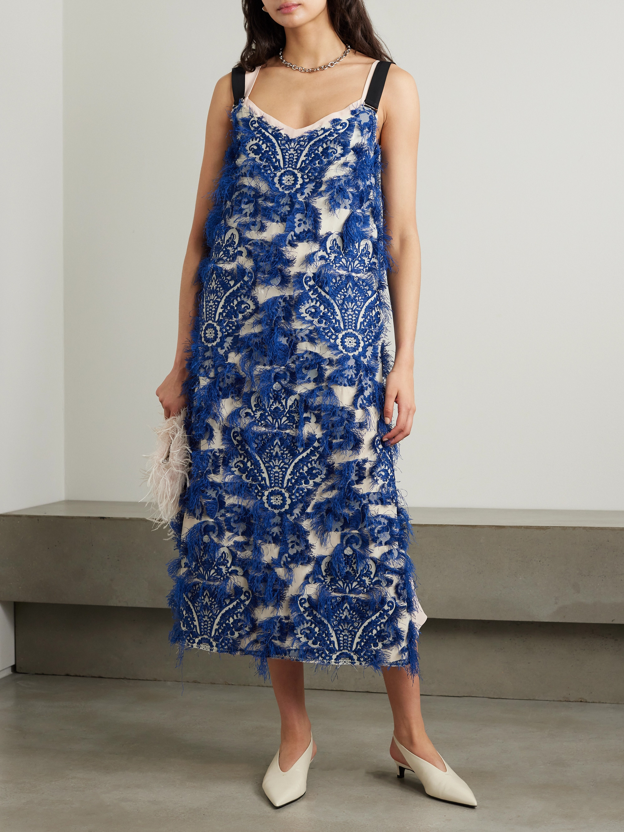 Erdem Fringed embroidered tulle midi dress