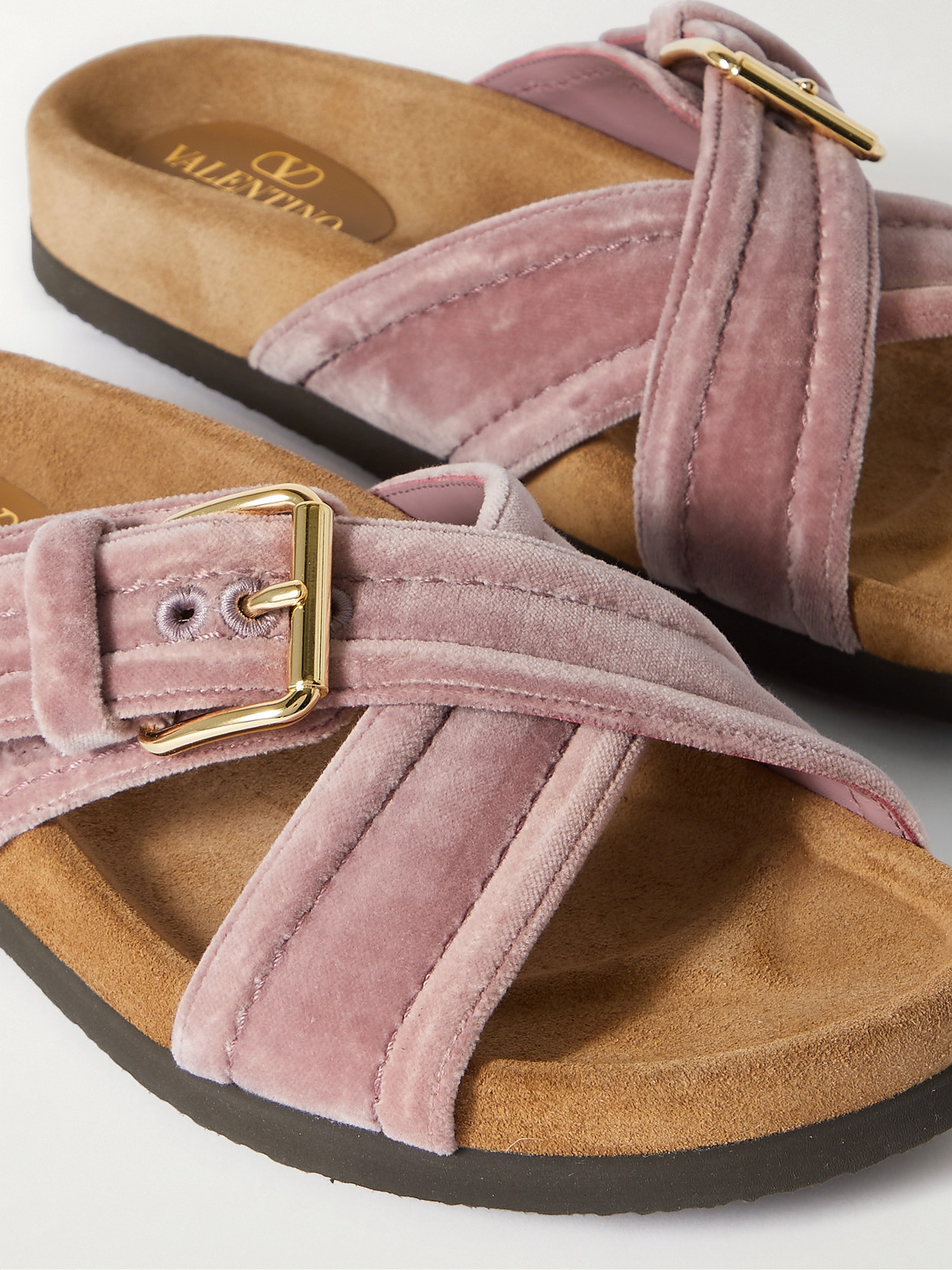 Valentino Buckled Velvet Slides In Pink