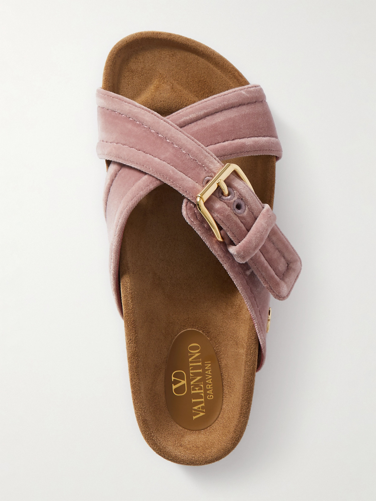 Valentino Buckled Velvet Slides In Pink