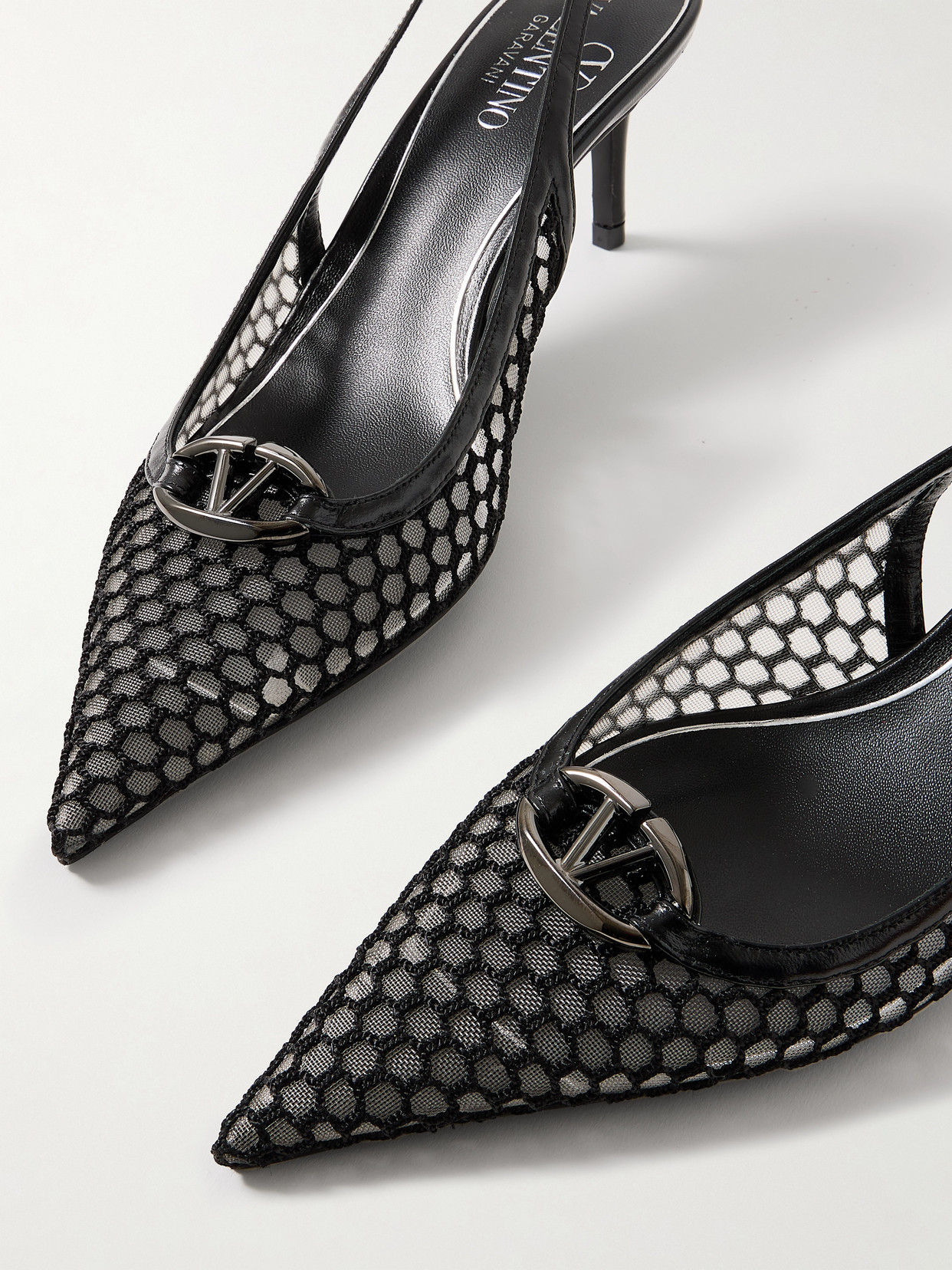 Valentino Vlogo Moon 60 Embellished Leather-trimmed Fishnet And Mesh Slingback Pumps In Black