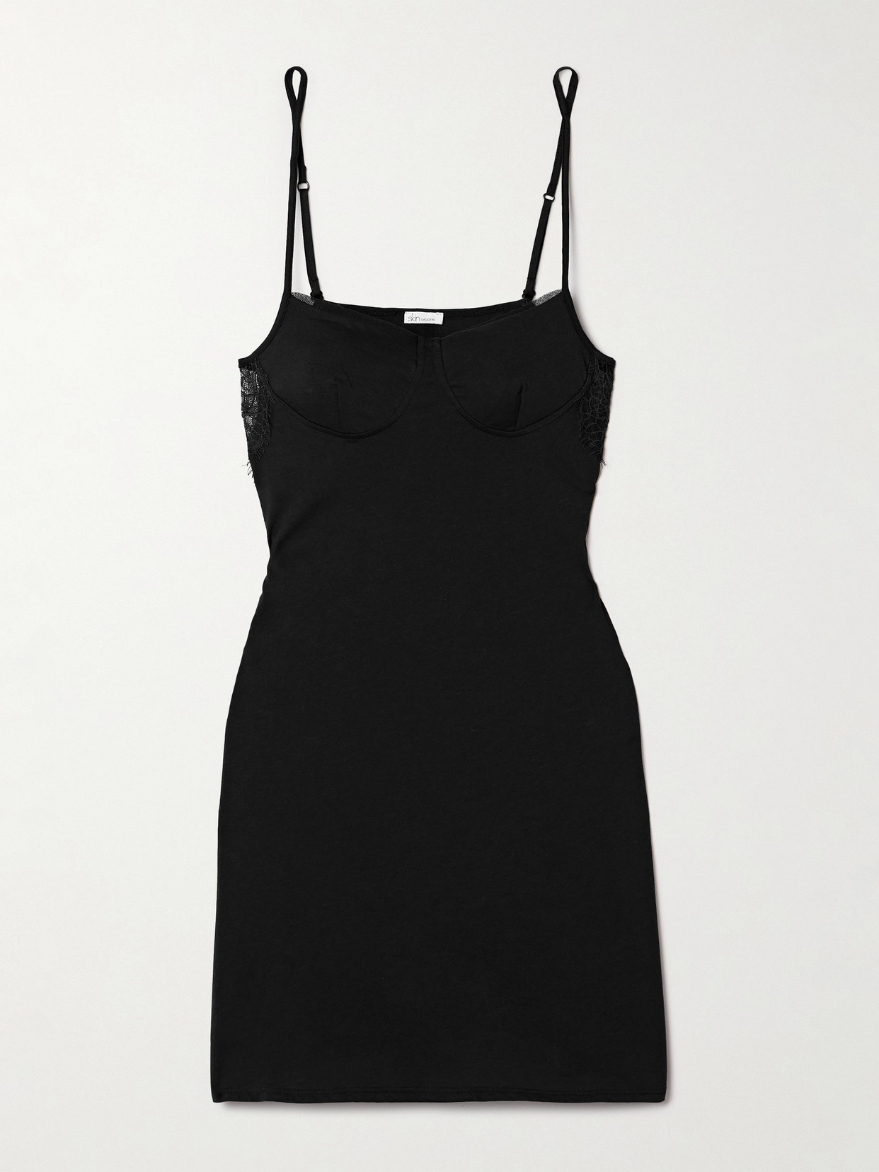 Skin Mckinley Lace-trimmed Organic Pima Cotton-jersey Chemise In Black