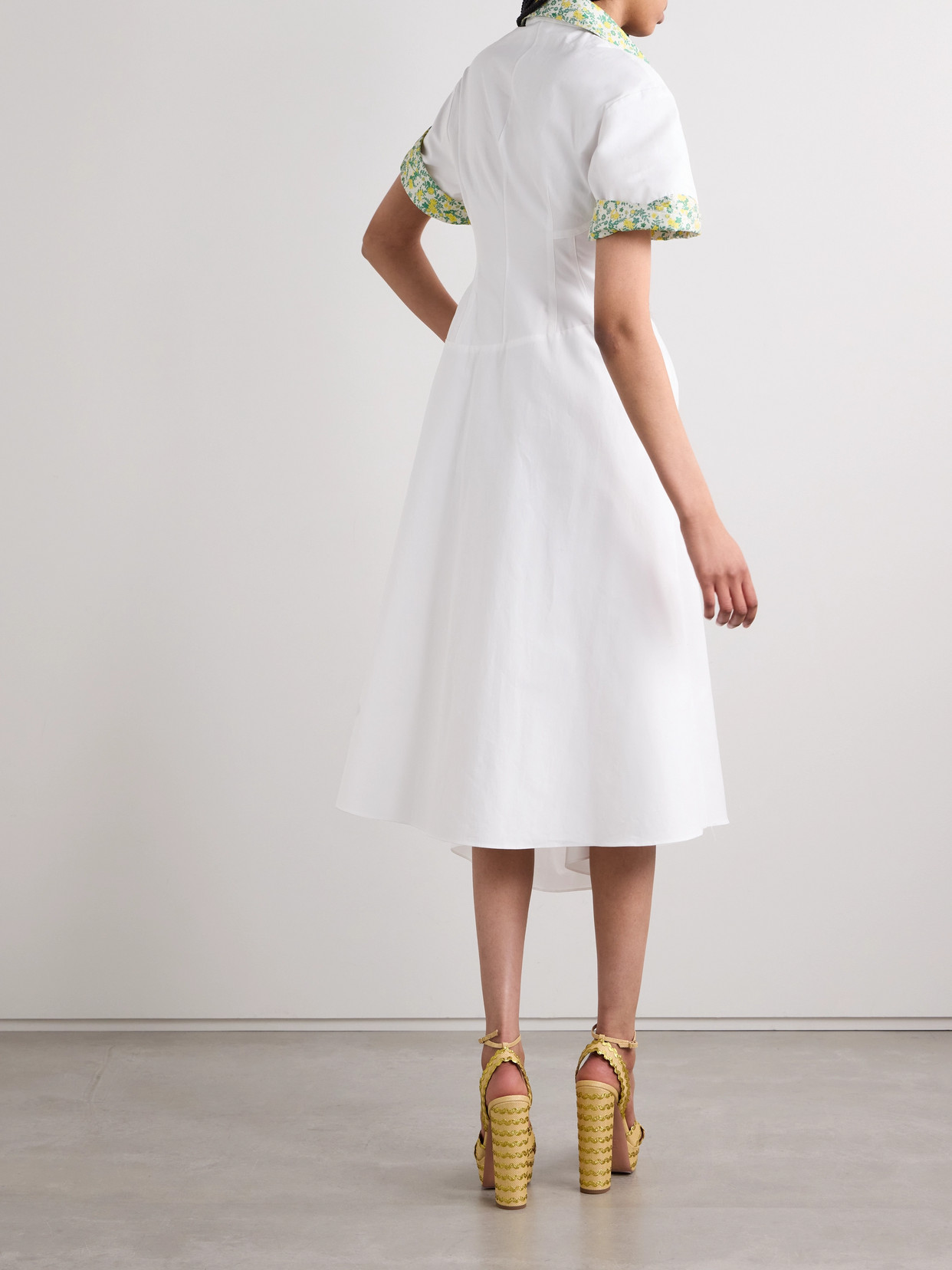 ROSIE ASSOULIN RELAXED HIPPY PANELED FLORAL JACQUARD-TRIMMED COTTON-POPLIN MIDI DRESS