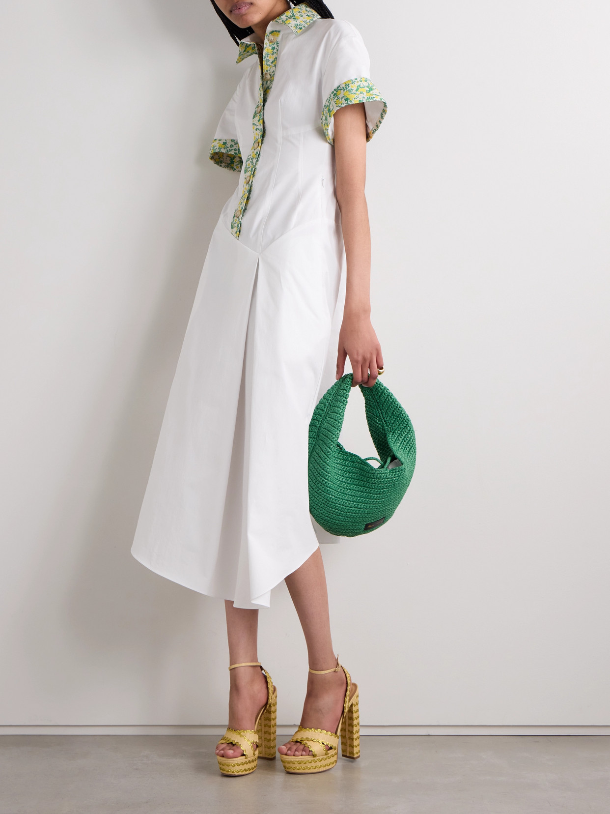 ROSIE ASSOULIN RELAXED HIPPY PANELED FLORAL JACQUARD-TRIMMED COTTON-POPLIN MIDI DRESS