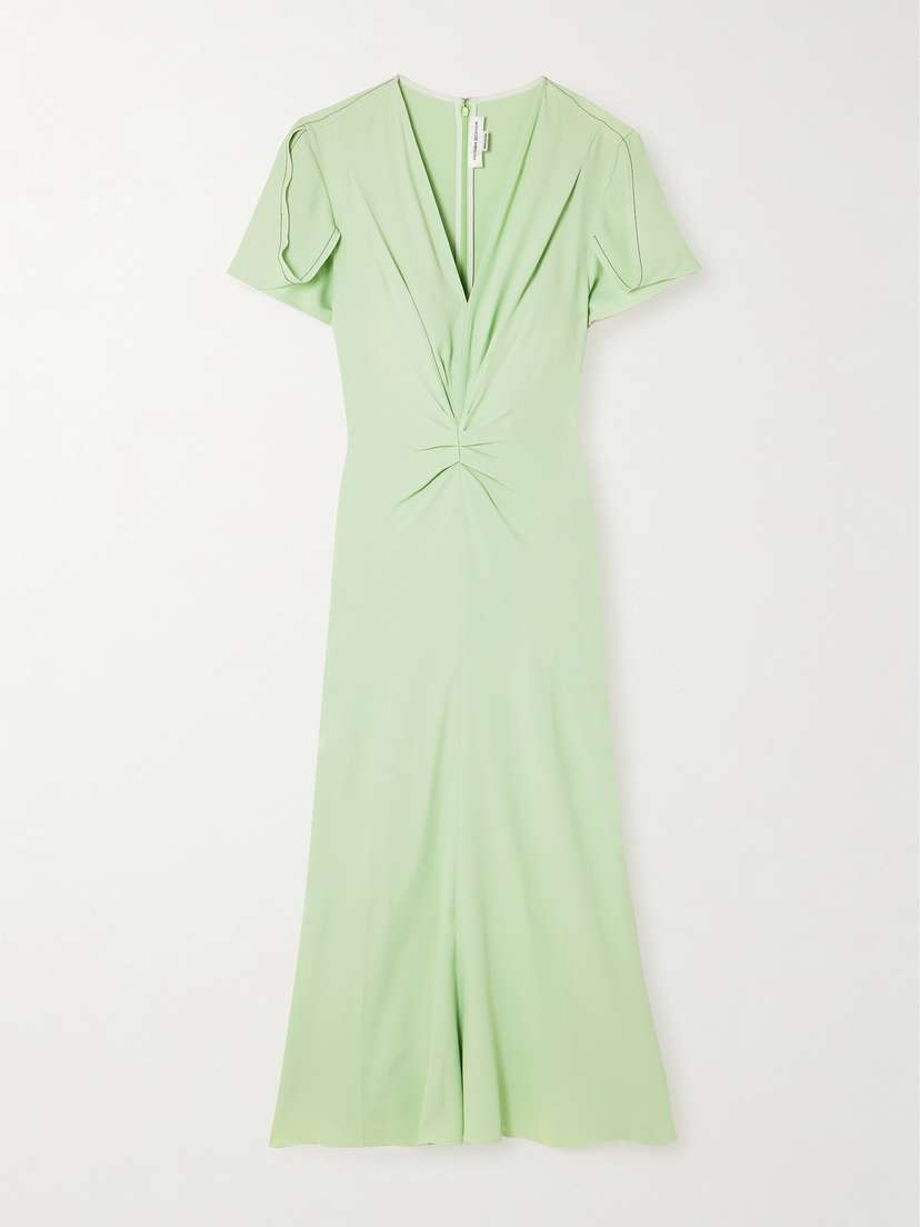 Victoria Beckham Gathered Draped Topstitched Crepe Midi Dress - UK 16