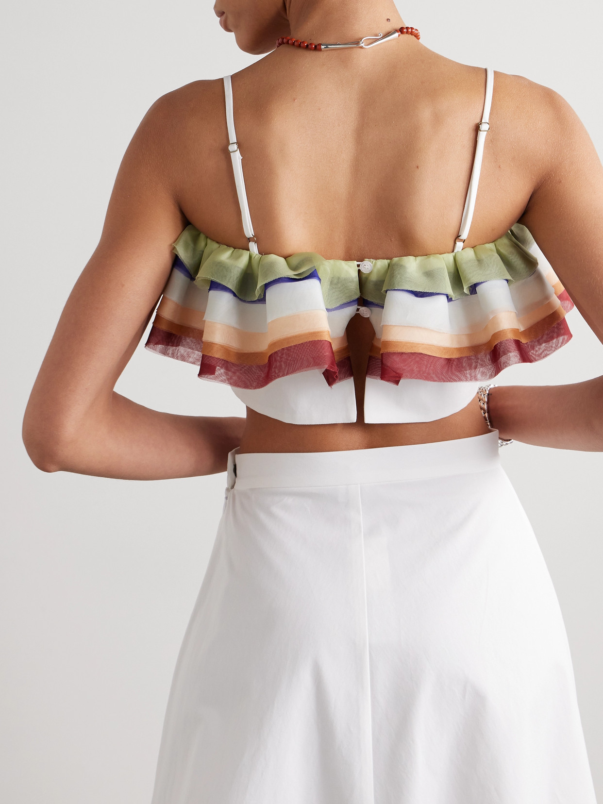 Shop Rosie Assoulin Cropped Ruffled Silk-organza And Cotton-poplin Tank In Multi